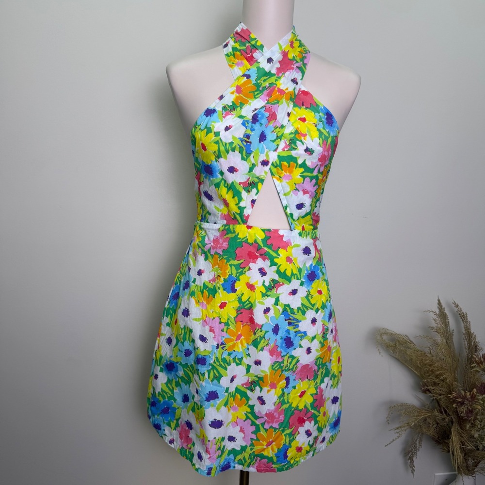 Karlie Size Large Floral Halter Mini Dress in Multi-Color Cotton